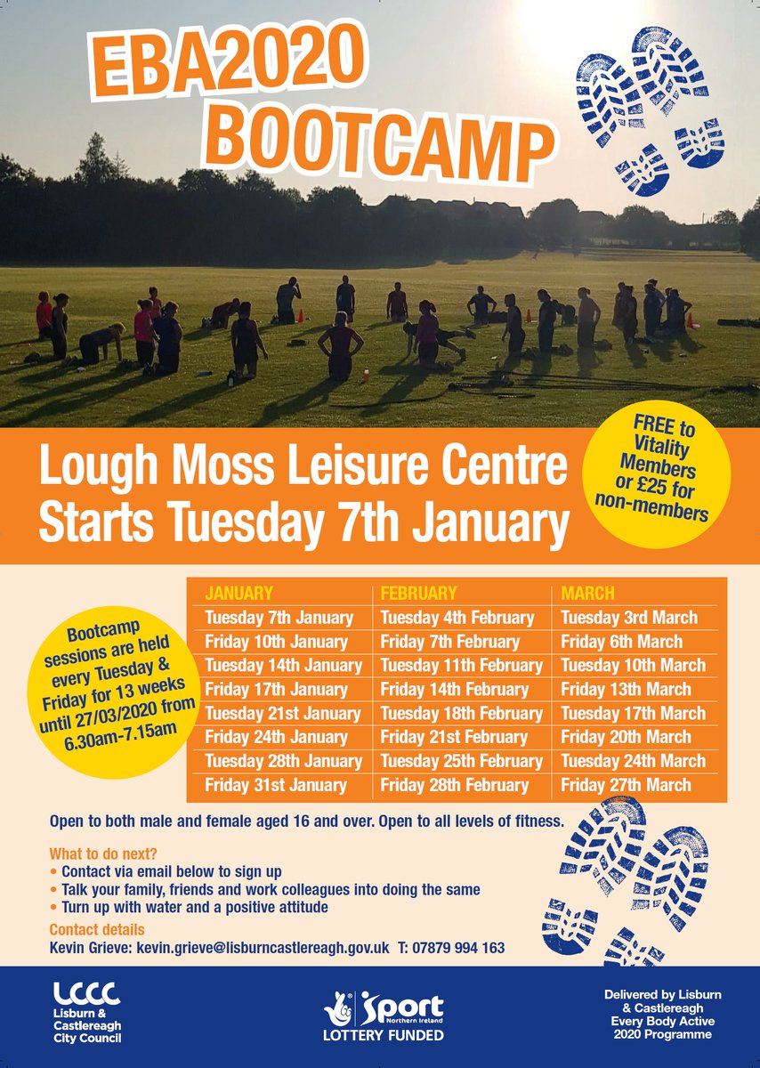 Bootcamp is back at Lough Moss Leisure Centre on Tuesdays and Fridays from the 7th January until 27th March 2020 from 6.30am – 7.15am. Start your New Year off right🏋️‍♀️

Only £25 or FREE to Vitality Members..

BOOK ONLINE NOW!

bit.ly/35ckATo