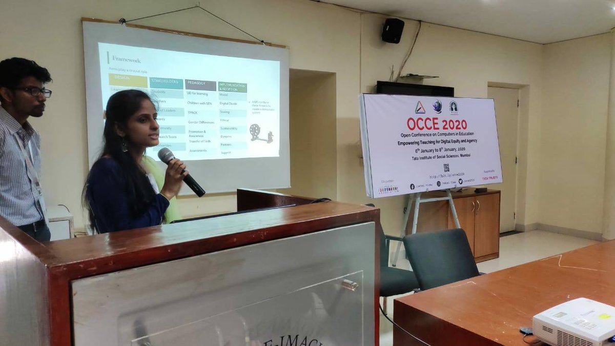 OCCE2020's tweet photo. Diksha Rehal and Soham Bhattacharya, M.A. Education students at TISS Mumbai, presenting analytic framework for designing an ICT intervention at #OCCE2020

#IFIP @TISSpeak https://t.co/AIvqfHMUxb