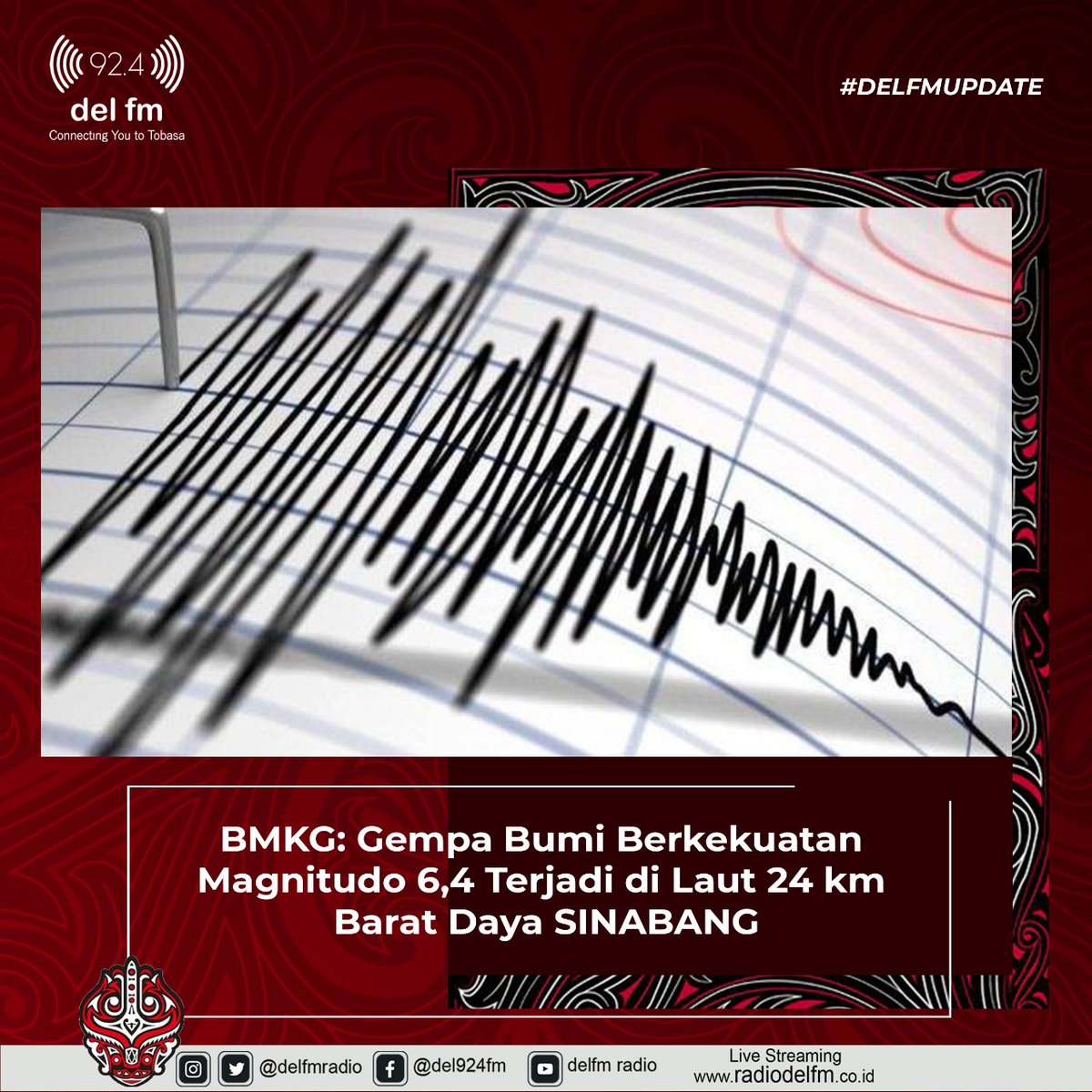 delfmradio's tweet photo. Gempa bumi berkekuatan 6,4 magnitudo baru saja terjadi, Selasa (7/1) pukul 13.05 diwilayah Sinabang, Kabupaten Simeulue, Aceh.
@infoBMKG
#delfmradio #delfmupdate #radio #radioanakmuda #tobasa #bmkg #gempabumi https://t.co/0iXQKlFKsh
