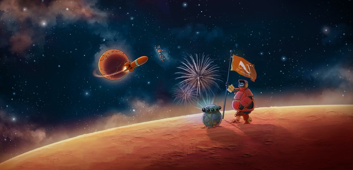 Robots Glow and Rey watch fireworks, while Spot floats in space