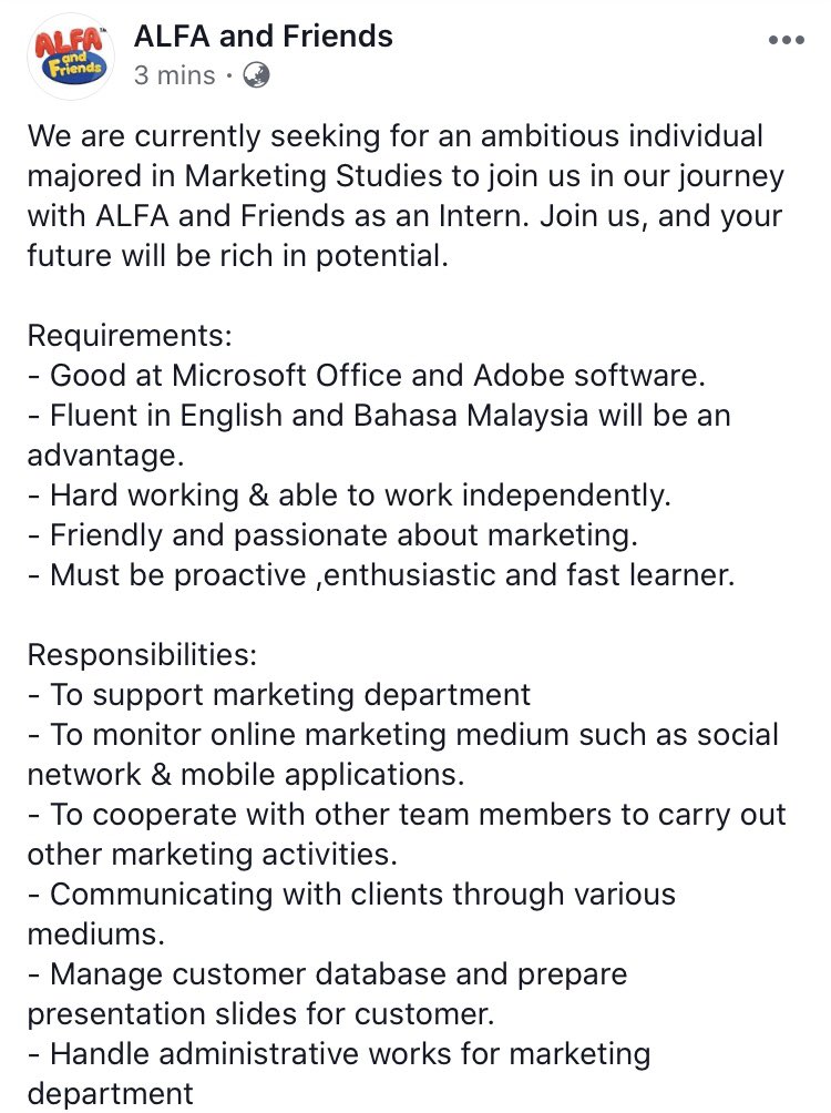 We are currently seeking for an ambitious individual majored in Marketing Studies to join us as an Intern.
@MauKerjaMY
@JobStreetMY
@InternMalaysia
#ALFAandFriends https://t.co/S98p2xSTy6