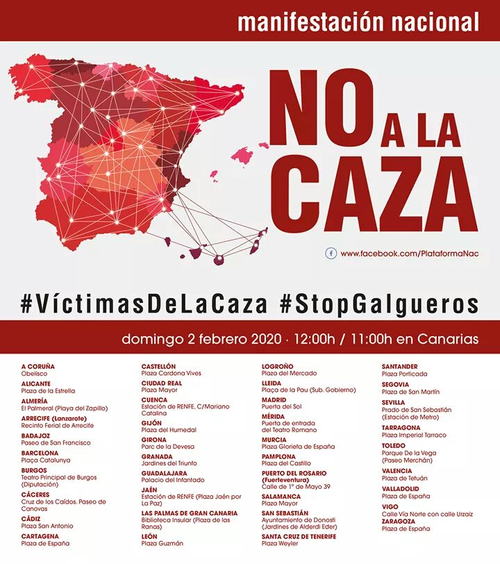 plataforma_NAC's tweet photo. El 2 de febrero salimos a la calle para reclamar un rotundo NO A LA CAZA.Porque ni las consideradas presas, ni los seres sintientes empleados como arma (galgos,podencos o cualquier otro animal independientemente de su raza o especie)merecen sufrir

enlace➡https://t.co/IPXtHqfHZy https://t.co/nO54cnLlna