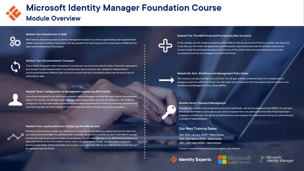 IdentityExperts's tweet photo. How well do you know #MicrosoftIdentityManager?
Our #MIM Foundation Training is the perfect starting point on the path to expert-level knowledge.
Contact us to book a 2020 training session: https://t.co/2CdqQGz7Up
#MIMCourse #MicrosoftGoldPartner https://t.co/yzeP2SvTXV