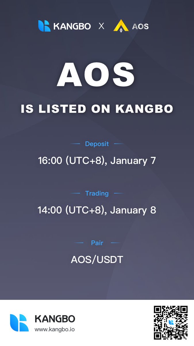KangboExchange's tweet photo. #Kangbo_Exchange will list AOS and open trading for $AOS/USDT pair at 14:00 (UTC+8), Jan.8. Welcome to trade. 
Find more: https://t.co/uqDd5rIdGi
 #Blockchain https://t.co/eOfw3meXqR