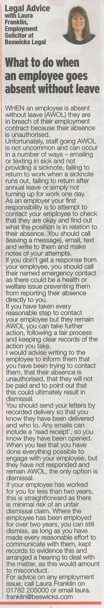 If you are an employer and struggle with staff going AWOL, this column in today's <a href="/Sotlive/">StokeonTrentLive</a> by employment law expert <a href="/LawfrankBL/">Laura Franklin</a> may provide the advice you need or, for more details call Laura on 01782 205000 #employmentlaw