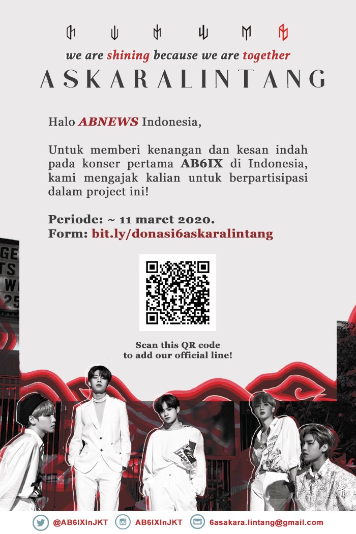 AB6IXinJKT's tweet photo. Fan Project #6ASKARALINTANG

Halo ABNEWS Indonesia~
Untuk memberi kenangan dan kesan indah pada konser pertama #AB6IX di Indonesia, kami mengajak kalian untuk berpartisipasi dalam project ini.

Periode: ~s/d 11 Maret 2020
Form: https://t.co/Zh6RFMOHbG

#AB6IXinJKT
#6IXENSEinJKT https://t.co/z1vzf2qiET