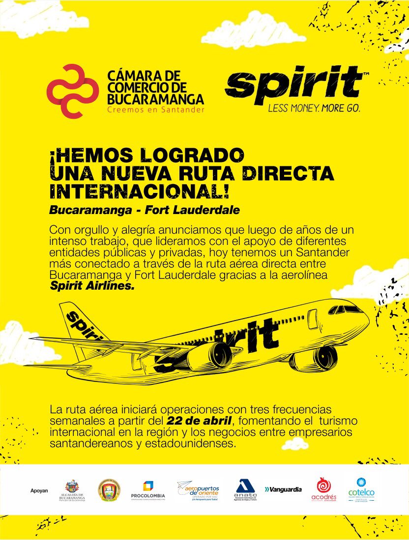 juancamilobe's tweet photo. !LO LOGRAMOS!
Fruto de 5 años de liderar intensas gestiones, tendremos vuelo directo a los Estados Unidos.
@SpiritAirlines operará la ruta Bucaramanga - Ft. Lauderdale a partir del 22 de abril en 3 frecuencias semanales.
#Felicidad #Creer #Persistir https://t.co/hfcC5d52ZC