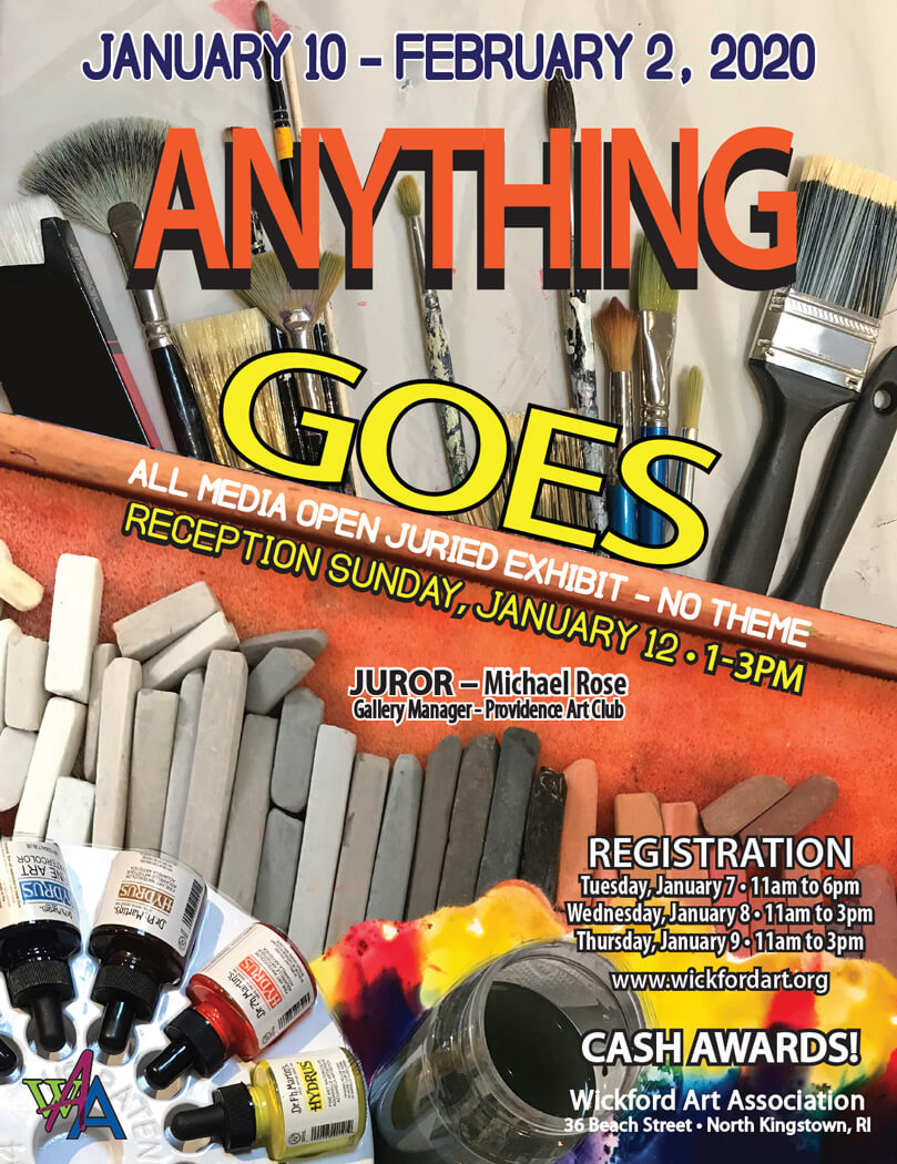 Call for Entries starts today for "Anything Goes!" No theme, all media! Enter your best art ~ Jan. 7 to 9th, Juried by Michael Rose, Gallery Manager at Providence Art Club. Get all the details! conta.cc/39kuhSV
