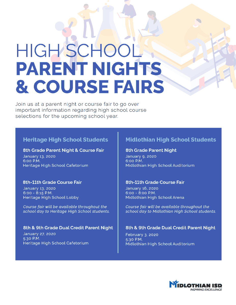 MidlothianISD's tweet photo. It's almost time to start planning for the next school year! Join us at one of our upcoming parent nights or course fairs to learn about opportunities available to your middle and high school students. We look forward to seeing you! #MISDProud https://t.co/svg7mrY1Ep
