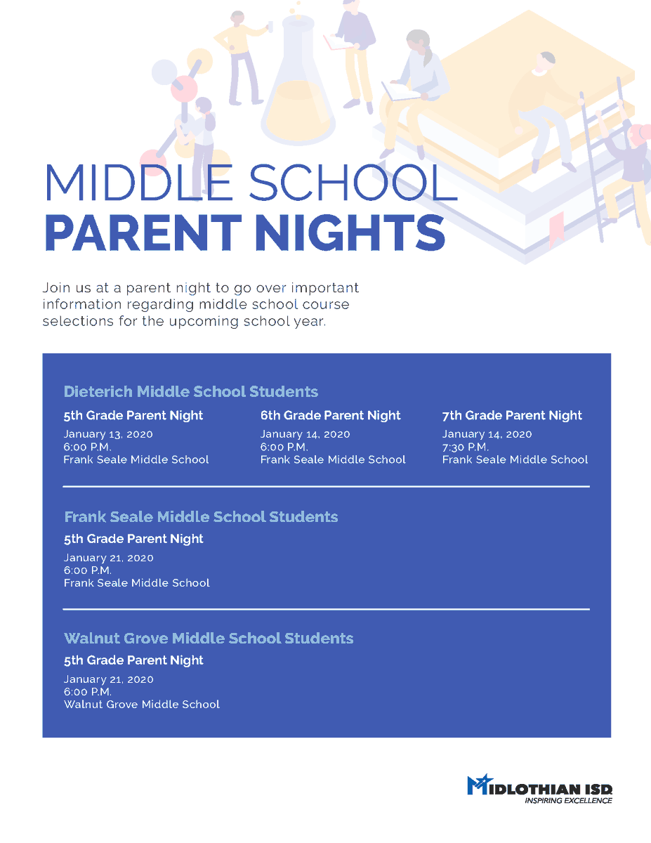 MidlothianISD's tweet photo. It's almost time to start planning for the next school year! Join us at one of our upcoming parent nights or course fairs to learn about opportunities available to your middle and high school students. We look forward to seeing you! #MISDProud https://t.co/svg7mrY1Ep