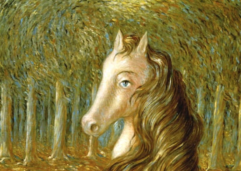 ArtBasel's tweet photo. The female gaze (of an artworld influencer)
—
René Magritte's ‘La météore’ (1944), presented by Galleria d'Arte Maggiore G.A.M. Known for his dramatic &amp; thought-provoking works, the Belgian artist created several 🐴 equine paintings in his lifetime: https://t.co/azRaZLhcU8 https://t.co/9QHlum3eY2