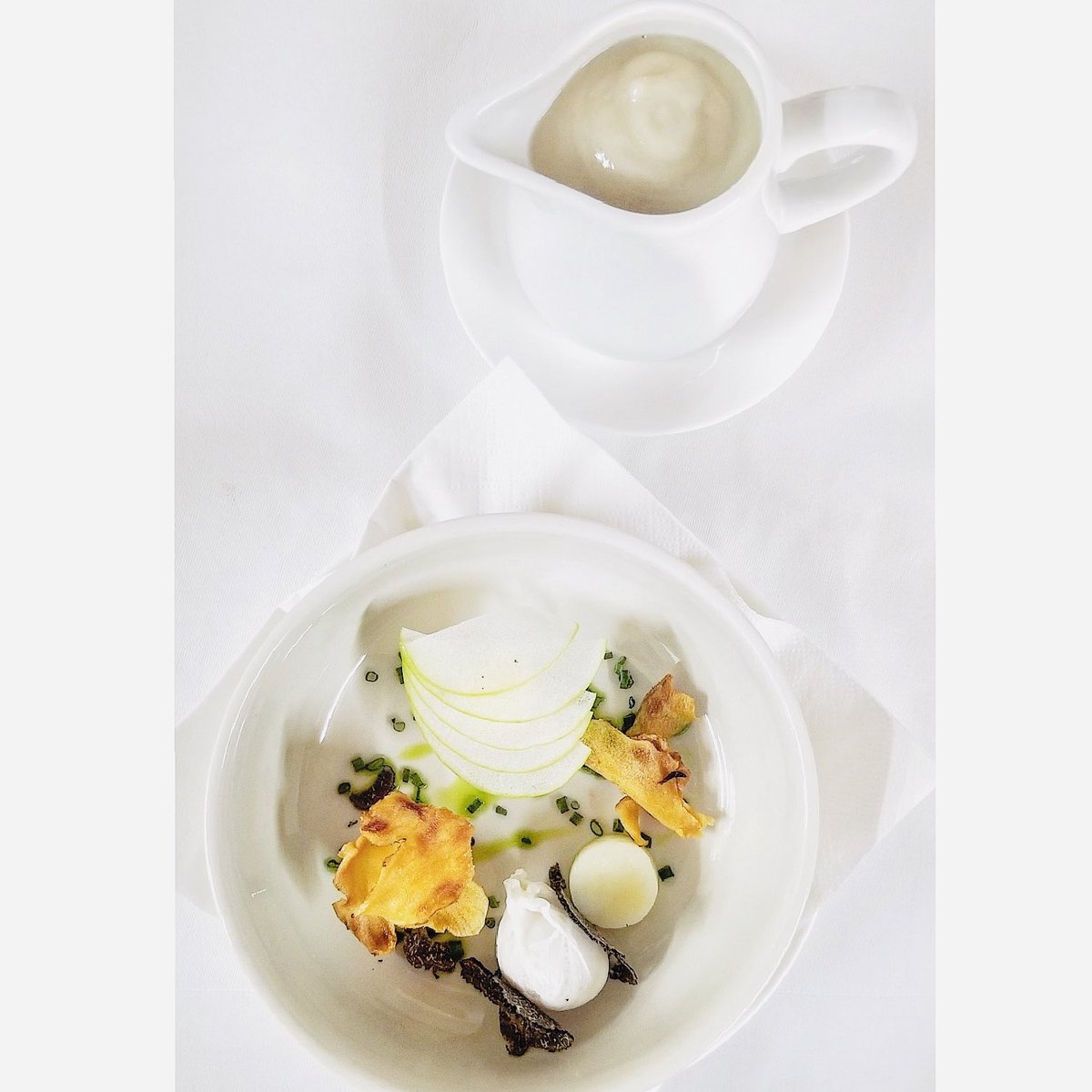 Look what chefs cooking today Jerusalem artichoke, quail egg, apple and truffle soup perfect winter treat
