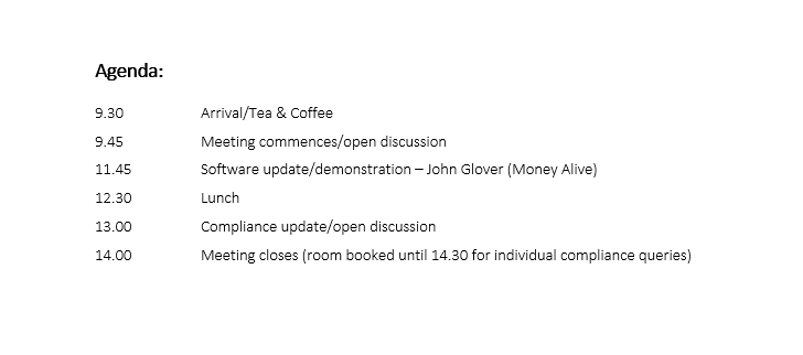We have spaces available for non-members at our adviser best practice meeting on 16/01/20 at @BuryOfficeSpace.

<a href="/MoneyAliveLtd/">Money Alive</a> will be providing a software update and @RealityParaplan will be in attendance for any paraplanning queries.

Agenda below. Contact us to book a place.
