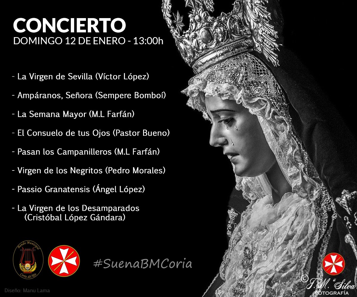 BandadeCoria's tweet photo. 🔴 Concierto en la Hermandad de San Esteban de Sevilla

El próximo domingo 12 de enero, a las 13:00 horas, ofreceremos un concierto de marchas procesionales en el antiguo Convento de San Agustín de Sevilla (C/ San Alonso de Orozco, s/n).

¡Os esperamos! https://t.co/J8jNfn8JGs