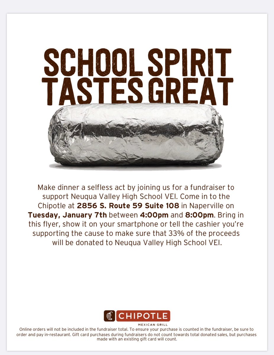 LegacyVEI's tweet photo. Be sure to stop by Chipotle tonight from 4-8 and mention VEI to help support☀️ bring your friends👍🏼 https://t.co/cpgA72rYB9