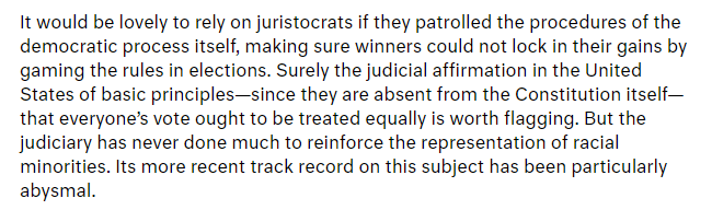 To me, a successful court reform project would be one not to obtain power or restore some mythical "neutrality," but rather one centered on achieving a "representation reinforcement" model that Moyn, in my view, too quickly dismisses.