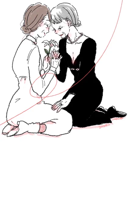 「なんかこうしてみると死装束みたいね。」
「縁起でもない事言うのやめてよ!」 #落書き #百合イラスト 