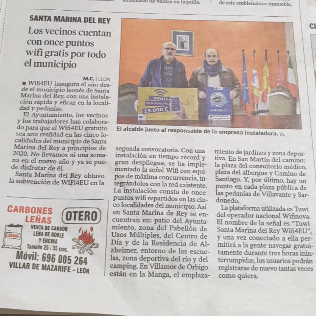 OchoCanos's tweet photo. Santa Marina del Rey sigue copando los medios de comunicación 📰 por ser los primeros de 2020 en instalar el #WiFi4EU 📶🆓
#OchoCaños #SomosTecnología #SomosEnergía #TodoEstáConectado #tuwi #wifinova #wifigratis #señalwifi #santamarinadelrey https://t.co/WltQUCijqF