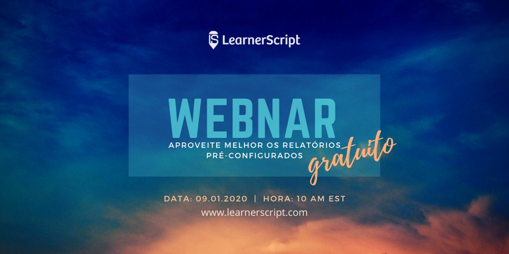 Sofiaeducacao's tweet image. Webnar gratuito sobre o LearnerScript, plugin para Learning Analytics feito para Moodle. Surpreenda-se com os mais de 80 relatórios pré-configurados! #learnerscript #webnar #learninganalytics
Dia 09.01.2020 às 10h AM EST
Inscreva-se agora!
ow.ly/ARA650xOBGs