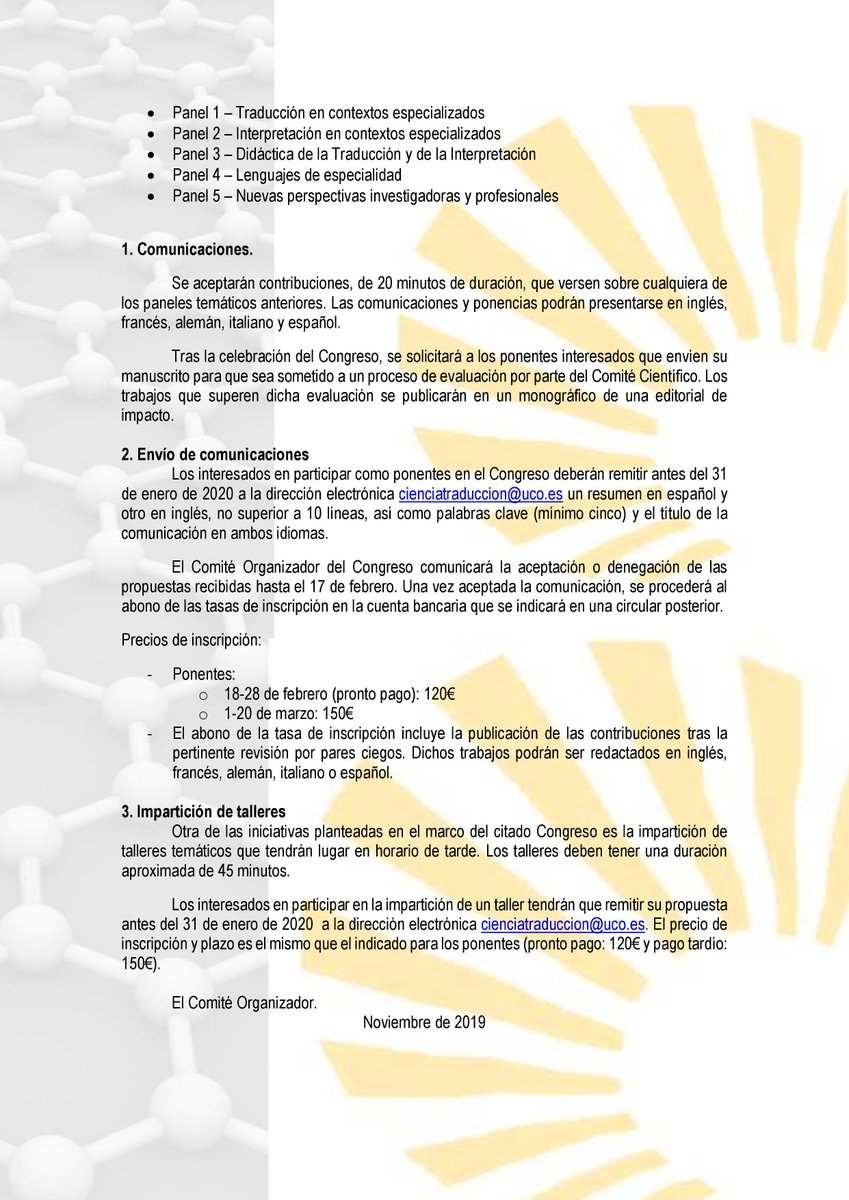 RT Comenzamos el nuevo año recordando que hasta el 31 de este mes puedes enviar tu propuesta para participar en el IV Congreso Internacional Ciencia y Traducción <a href="/UCOCyT/">Congreso Ciencia y Traducción</a> que se celebrará del 1-3 de abril de 2020 en Córdoba (ESP) Este año viene cargado de novedades, ¡participa!