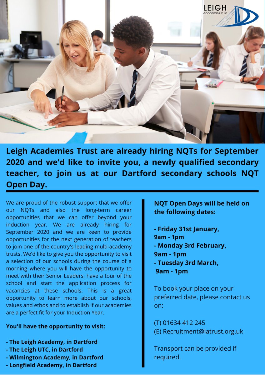LA_Longfield's tweet photo. Calling all Trainee Teachers and future NQTs!
We would like to invite you to join us at one of our Dartford secondary schools NQT Open Days...
#NQT #NQTs #Traineeteacher #Inductionyear #Dartford #Kent https://t.co/xWAEaF3wc9