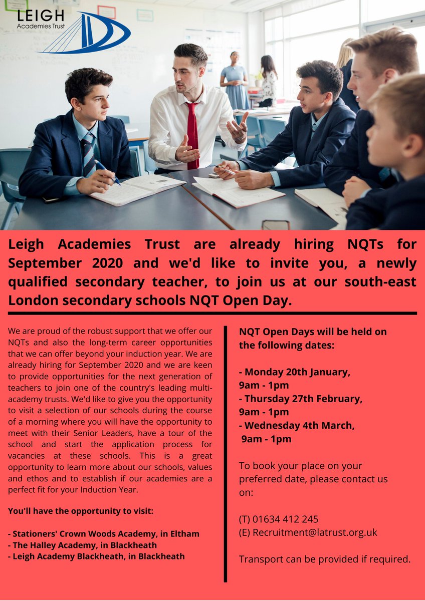 Leigh Blackheath (@leighblackheath) on Twitter photo Calling all Trainee Teachers and future NQTs!
We would like to invite you to join us at one of our south-east London secondary schools NQT Open Days...
#NQT #NQTs #Traineeteacher #Inductionyear #Eltham #Blackheath #London Calling all Trainee Teachers and future NQTs!
We would like to invite you to join us at one of our south-east London secondary schools NQT Open Days...
#NQT #NQTs #Traineeteacher #Inductionyear #Eltham #Blackheath #London