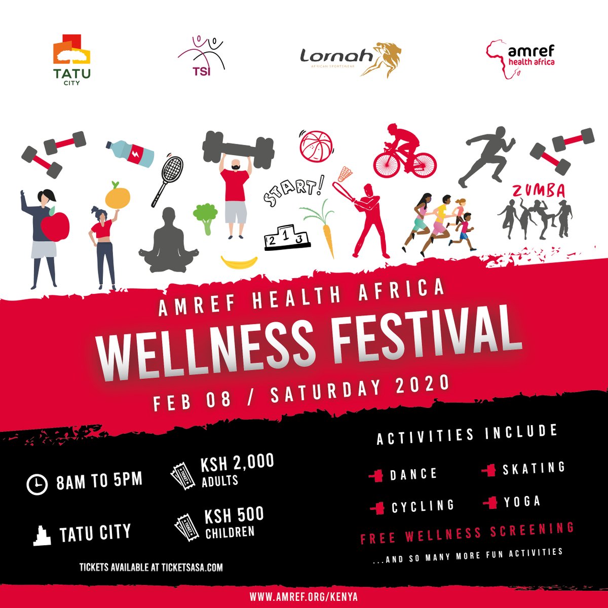 Are you ready for the #AmrefWellnessFestival2020? Don't be left out, sign up &amp; grab your early ticket <a href="/ticketsasa/">ticketsasa.com</a> via bit.ly/2EoWrhv. We promise to deliver family fun like never before; Zumba, biking, cooking, skating, yoga &amp; much more fun. See you <a href="/Tatu_City/">Tatu City</a> grounds.
