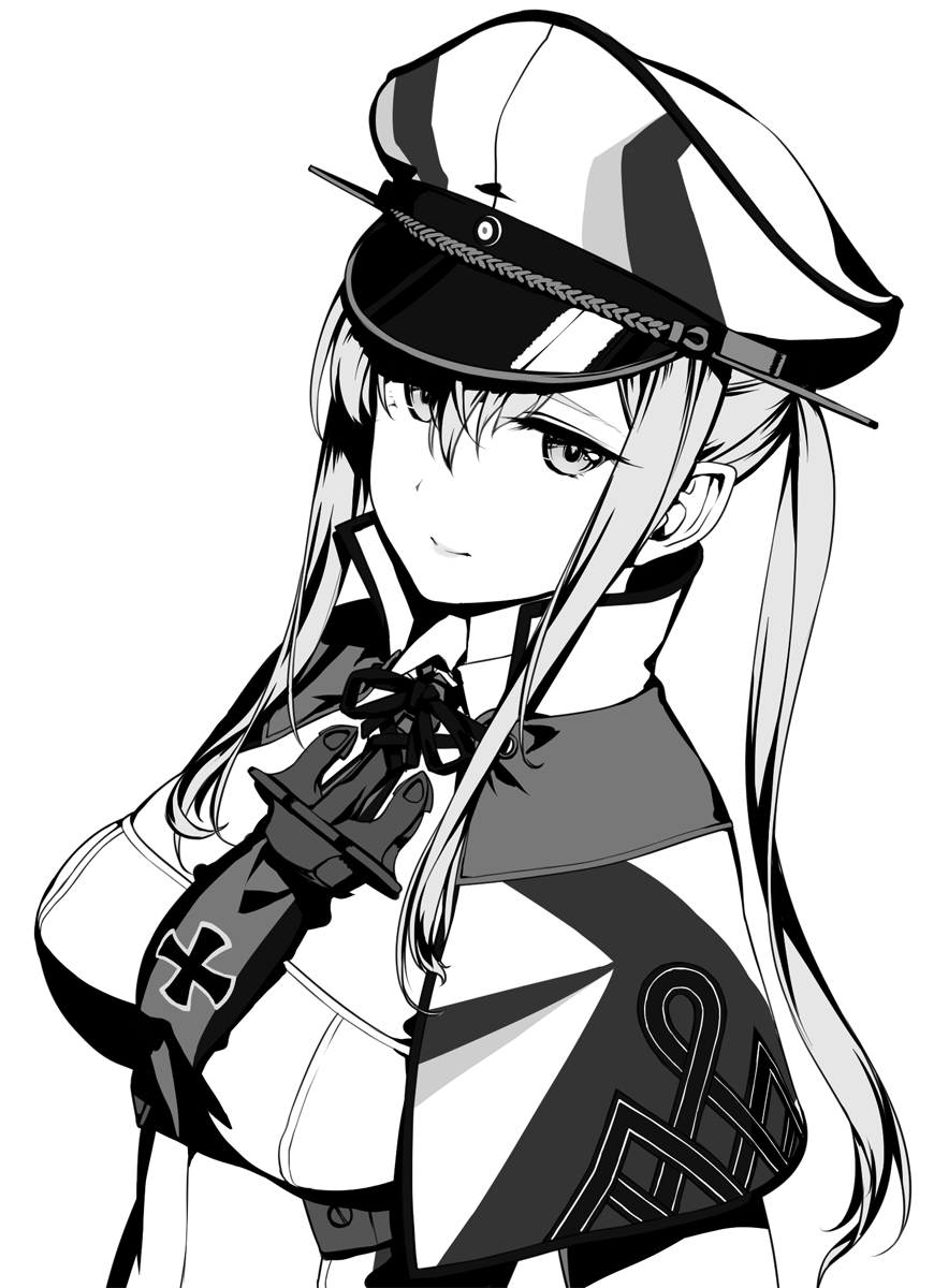 graf zeppelin (kancolle) 1girl monochrome greyscale black border circle cut solo border  illustration images