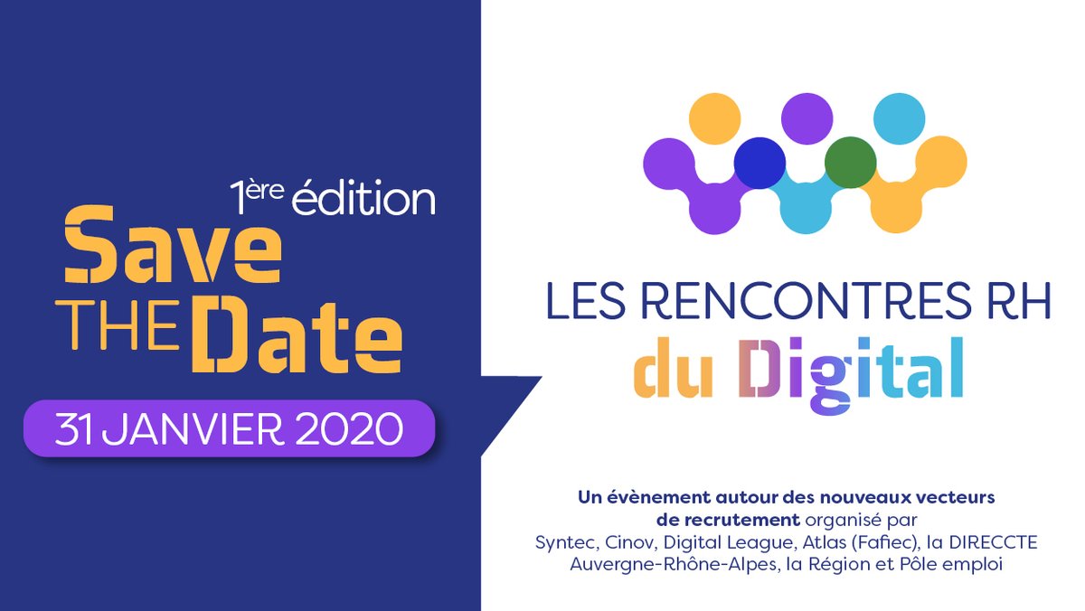31 janvier : 1er RDV des décideurs RH du secteur #numérique organisé par @poleemploi_ara @syntecnumerique <a href="/FSyntec/">Fédération Syntec</a> <a href="/Digitaleague/">Digital League</a> @FederationCINOV <a href="/Fafiec/">Fafiec</a> <a href="/prefetrhone/">Préfète de région Auvergne-Rhône-Alpes et du Rhône</a> Direccte &amp; la Région <a href="/auvergnerhalpes/">Auvergne-Rhône-Alpes</a> sur les vecteurs du #Recrutement 
Pour s'inscrire : digital-league.org/blog/events/le…