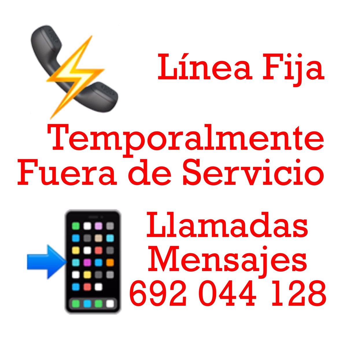 HTakasala's tweet photo. Debido a un fallo en la Línea Fija. Cualquier consulta al 692 044 128.
Disculpen las molestias. https://t.co/6xlMj7Tkre