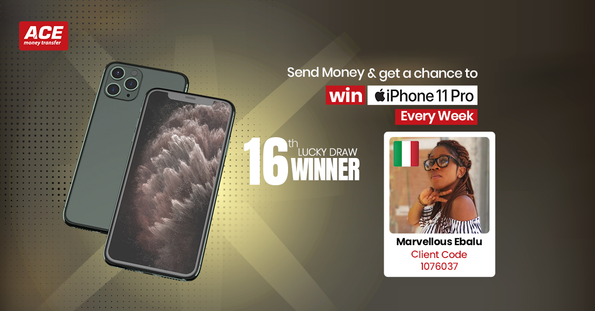 ACEMoneyTransfr's tweet photo. We Promised, We Delivered!
Congratulations to "Ms. Marvellous Ebalu" for Winning iPhone 11 Pro through 16th Lucky Draw of ACE iPhone Offer 2019.
#iPhone11Pro #WeeklyOffer2019 #Italy #ACEMoneyTransfer #SendMoney #16thLuckyDraw #Giveaways https://t.co/U1uFGUhx9F