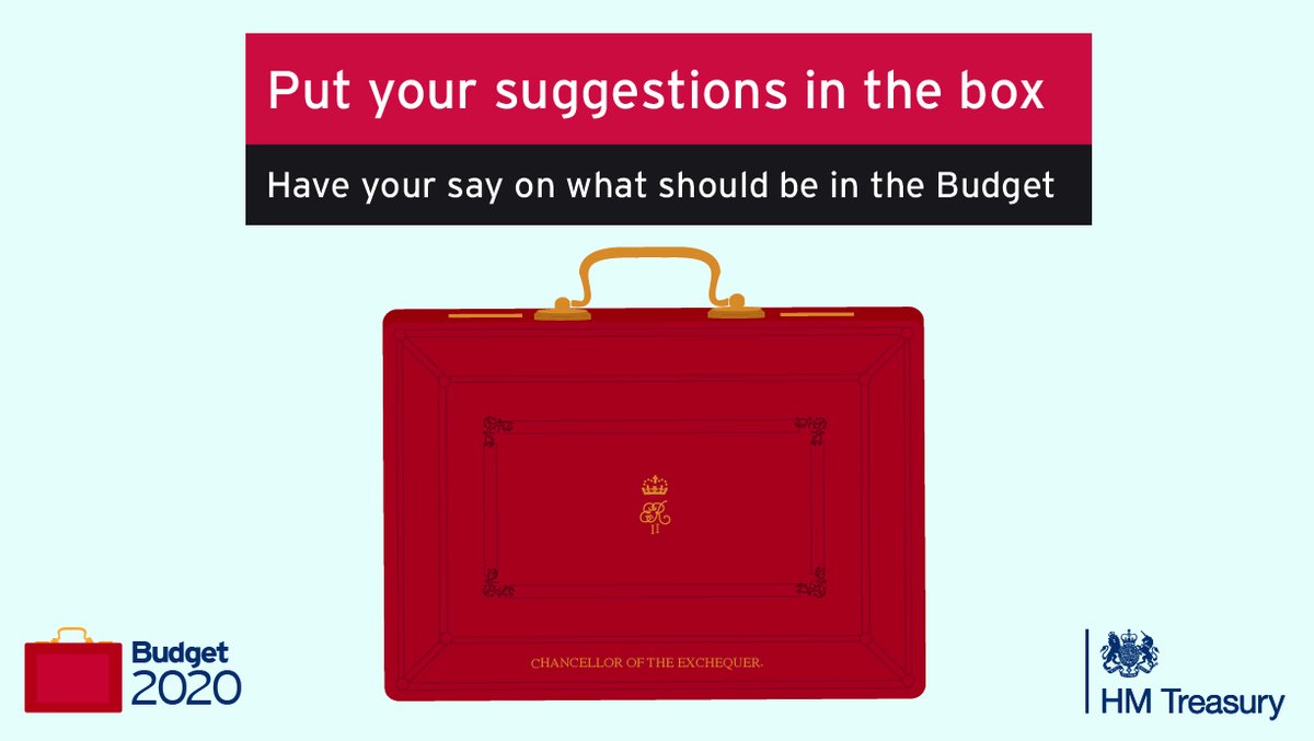 Image of the red budget box with text saying "put your suggestions in the box - have your say on what should be in the Budget