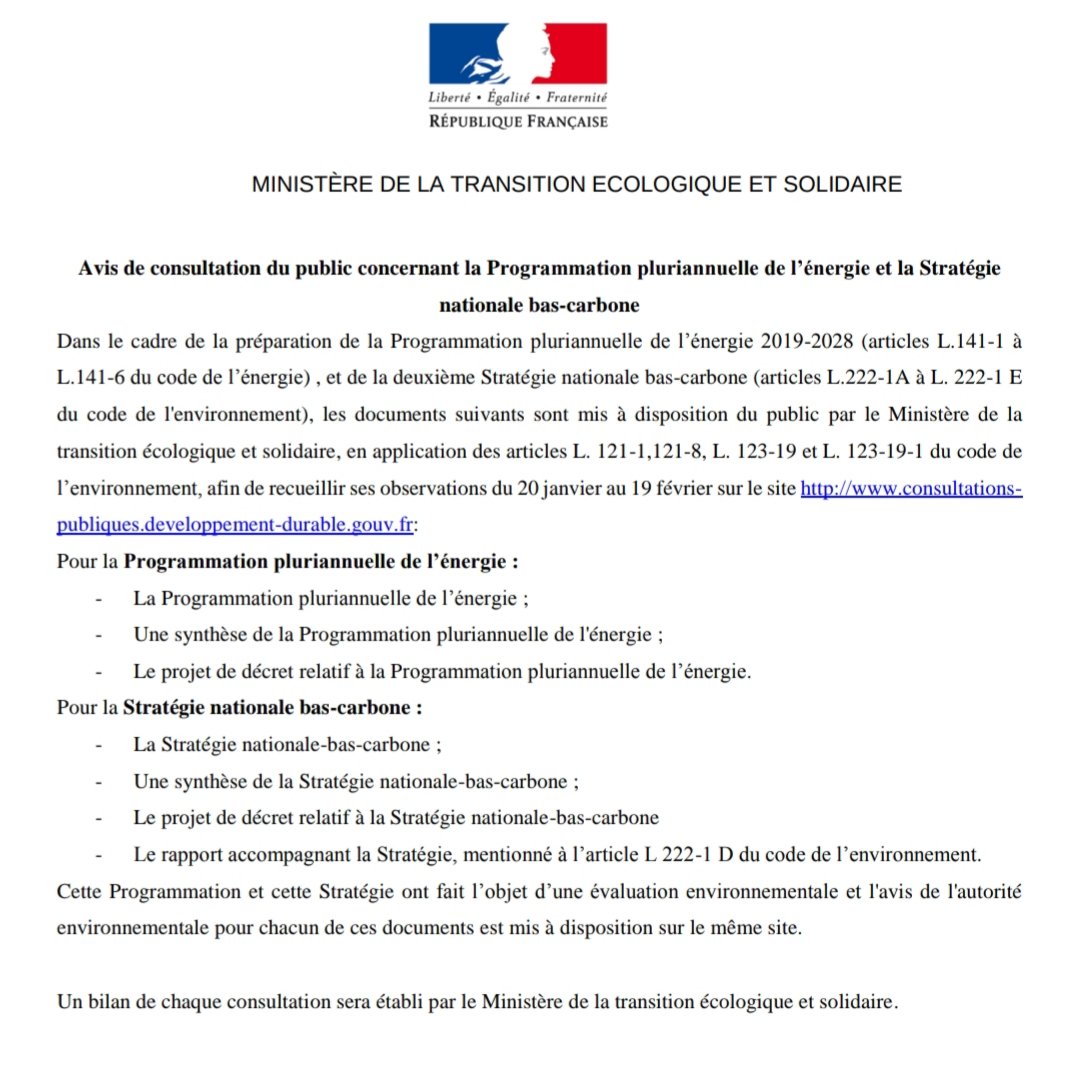 #PPE et #SNBC ⚠️ L'ouverture de la consultation pr recueillir les observations sur la base des documents qui seront rendus publics aura lieu du 20/01 au 19/02/2020 sur …bliques.developpement-durable.gouv.fr 
<a href="/BiogazVallee/">Biogaz Vallée®</a> se mobilise aux côtés de la filière #biogaz #méthanisation #biométhane