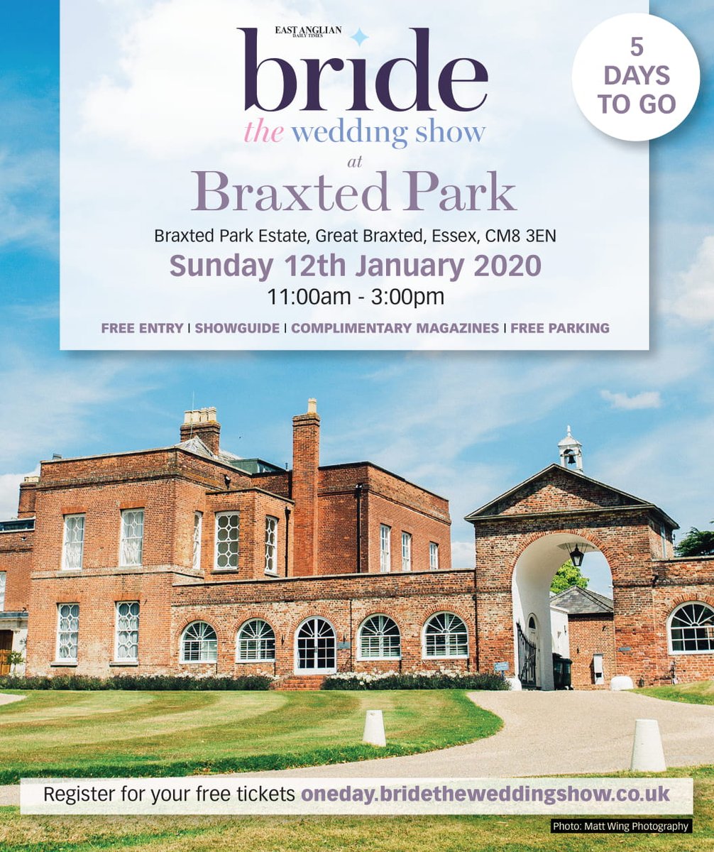 Only 5 days left to go! 🌸

Come and plan your #wedding with a range of exhibitors this Sunday 12th from 11am to 3pm.

#WIN 🤩
You could be in with a chance of winning 4 tickets to the Braxted Park Estate 2020 Christmas party!

#Free Entry l #Showguide l Free Parking l #Magazines