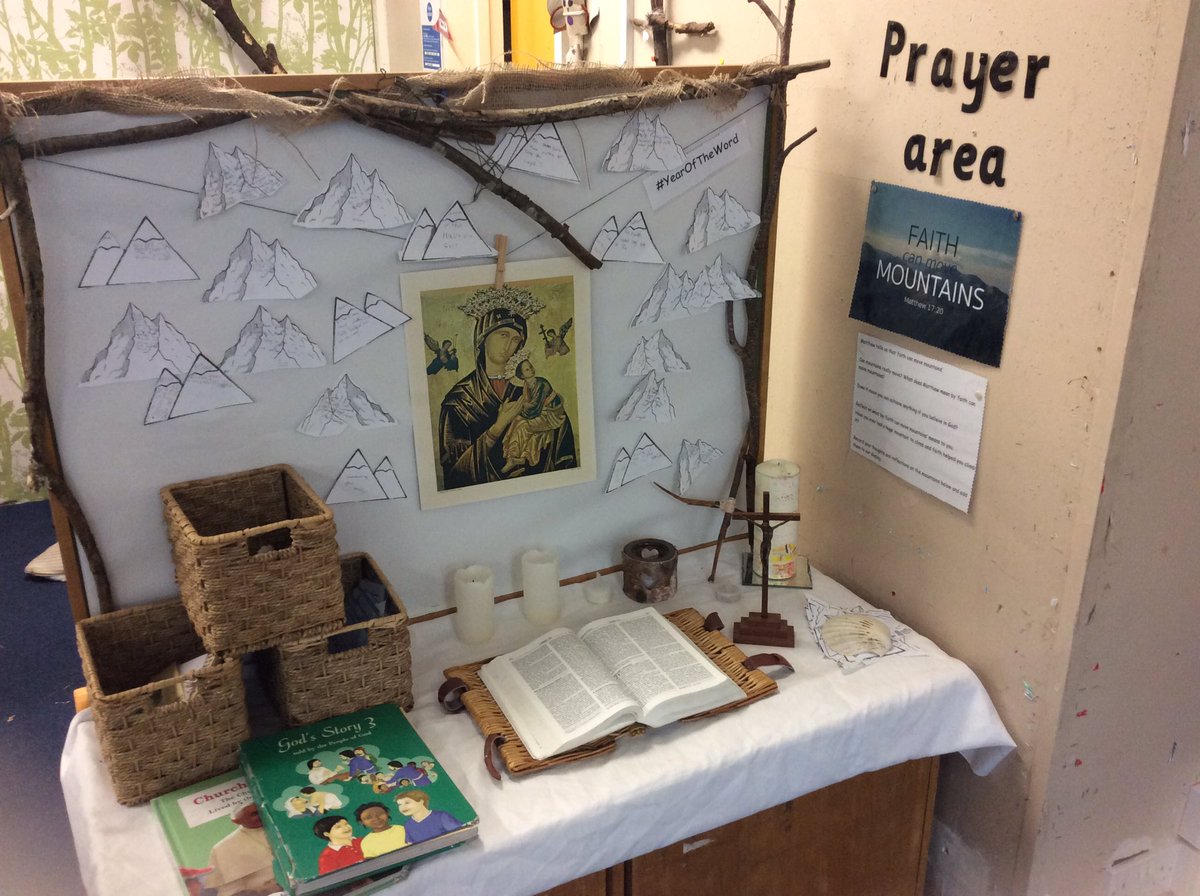 StMarysRCSch's tweet photo. A beautiful self reflection on Matthew’s words in Dosbarth 4 as the pupils recorded their thoughts on mini mountains. Mountains that can be moved with faith #YearOfTheWord #religious #worship #prayerarea #classworship https://t.co/oCujG6MogG