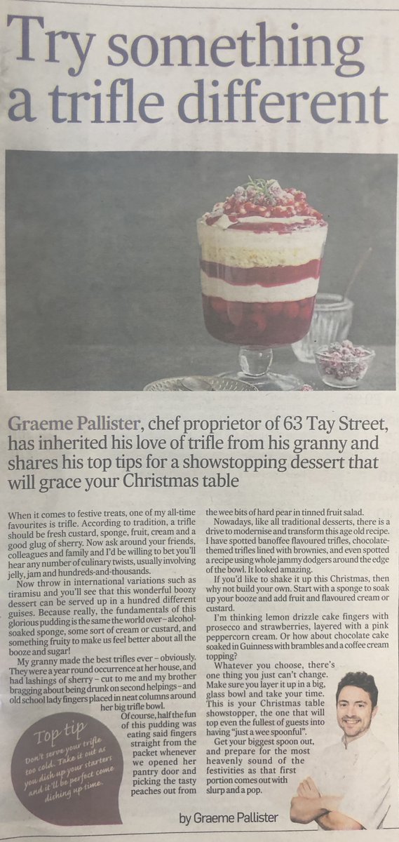 We are sure a few of you enjoyed a trifle on Christmas day! 😍 
Graeme inherited his love of #trifle from his granny and shares his top tips for a showstopping dessert in his column in <a href="/thecourieruk/">The Courier</a> Menu Mag! #Granniesrecipes #Trifle #sweettreats #desserts #michelinguide