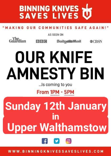 This Sunday 12th January we will be taking as many #knives off the streets of #Walthamstow as possible so we can make it a safer place for everyone👌

If you live in Upper Walthamstow, GET YOUR KNIVES READY👍🏼

You can support us @ Binningknivessaveslives.com