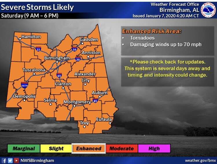 EMAJeffCoAL's tweet photo. Severe storms are likely on Saturday. Please stay tuned in for refinements and additional information. How do you receive your warnings? Sirens are outdoor warning devices, and may not be heard indoors. @AlabamaEMA @AlabamaCounties #ALNotify https://t.co/kJ7w0wKQh2