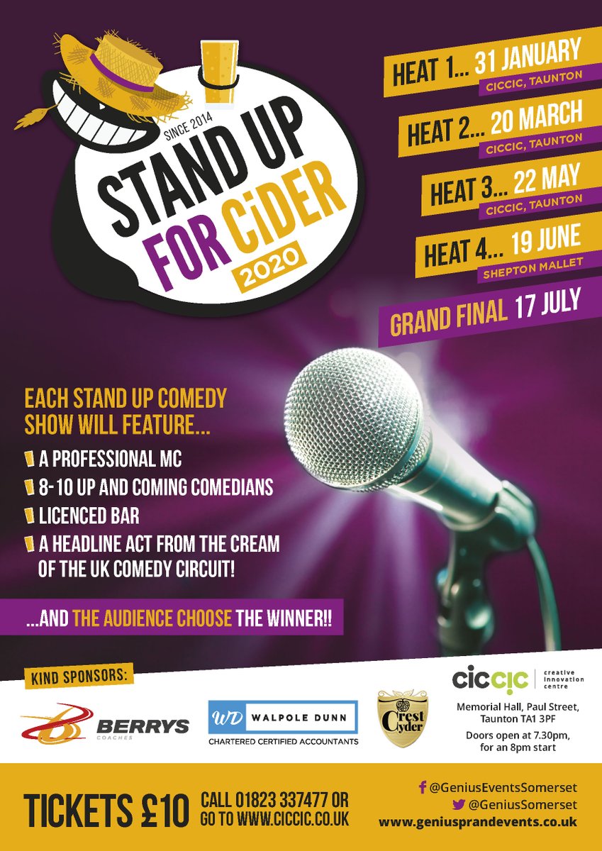_wordgetsaround's tweet photo. Stand up for Cider is back in 2020!
@CICCICTaunton @GeniusSomerset 
Vote for their favourite amateur comedian on the night
🤣😂🎙️🎭😆

Sponsors: @BerrysCoaches @WalpoleDunn 
Prizes: Crest Cyder https://t.co/gKhvRkozT4