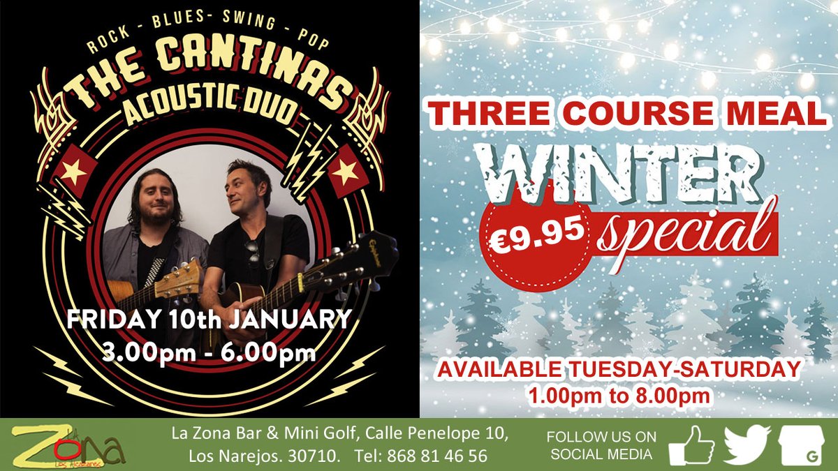 lazonaminigolf's tweet photo. An afternoon of acoustic guitar music from the fabulous Cantinas this Friday at 3.00pm.
Come for an enjoyable afternoon &amp; why not take advantage of our extended Winter Menu while you sit, sip &amp; relax?
Three courses for only €9.95 and available Tuesday to Saturday, 1.00pm-8.00pm. https://t.co/pvpEUyK1Zu