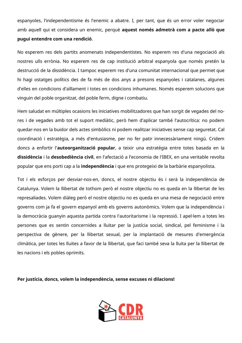 CDR_Savall's tweet photo. 📃 COMUNICAT #CDRenXarxa

🔴Davant la probable investidura del President del govern espanyol, l'atac de la JEC a les institucions catalanes i la contínua repressió:

👉Cridem a enfortir l'autoorganització popular i seguir lluitant per la independència.

#RevoltaPopular 🔥 https://t.co/vJuA6s62IY