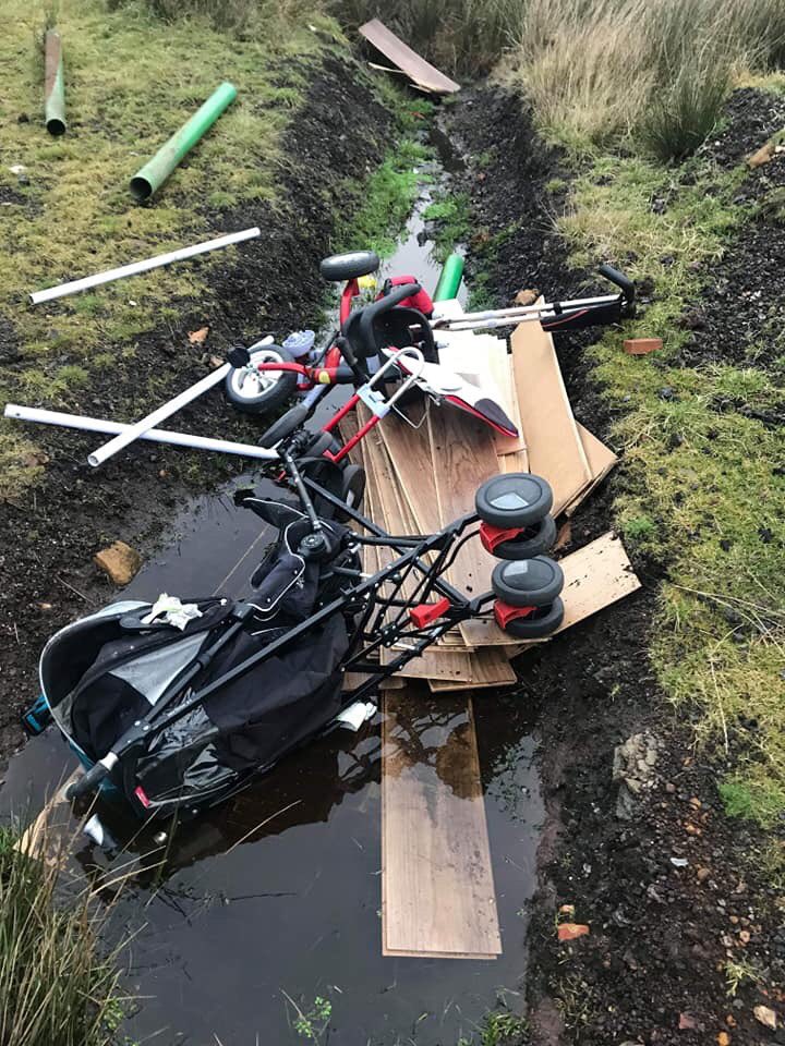 Ginnyhmstown988's tweet photo. Found this on social media. FFS if you can take this to the countryside, you can take it to your local council recycling centre. You left an invoice in the pram 🤣. #flytipping #dirtybuggers #countryside https://t.co/jHX12V3lnb