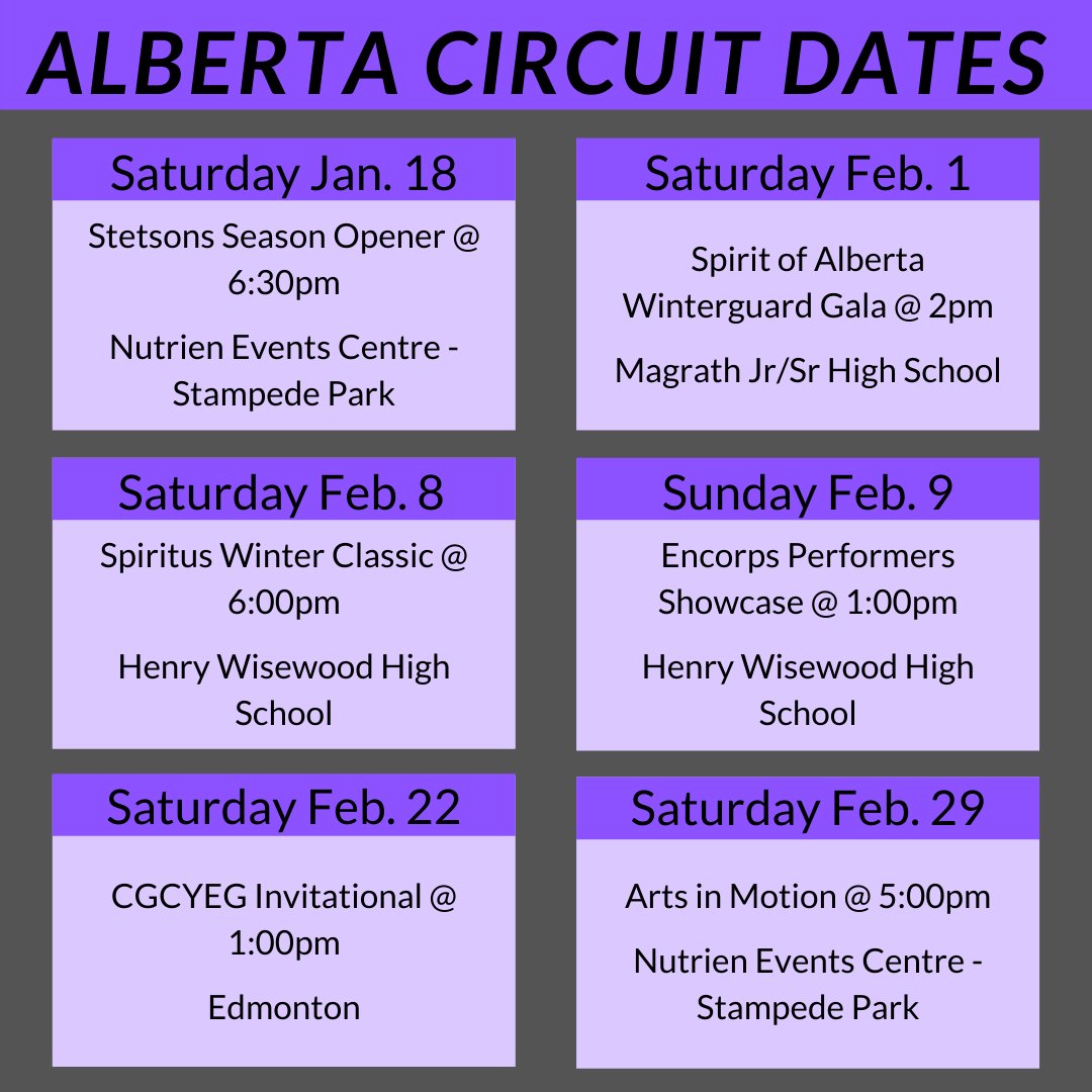 EncorpsWG's tweet photo. Here are all the dates and locations for the Alberta Circuit! We cant wait to show everyone what we have been working on with each of our groups!
.
.
#encorps #explorers #evolution #elite #echo #expression #competition #exhibition #alberta #yyc https://t.co/oQBXSoYLvx