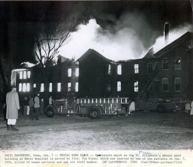NAofSFM's tweet photo. A fire at the Mercy Hospital in Davenport, IA killed 41 on 1/7/50. The high death count was attributable to no sprinkler system, no fire alarms, no escape plan, barred windows, patients w/ disabilities, &amp; only 1 exterior escape blocked by locked doors. #FireHistory #NeverForget https://t.co/WxE3FxHGZx
