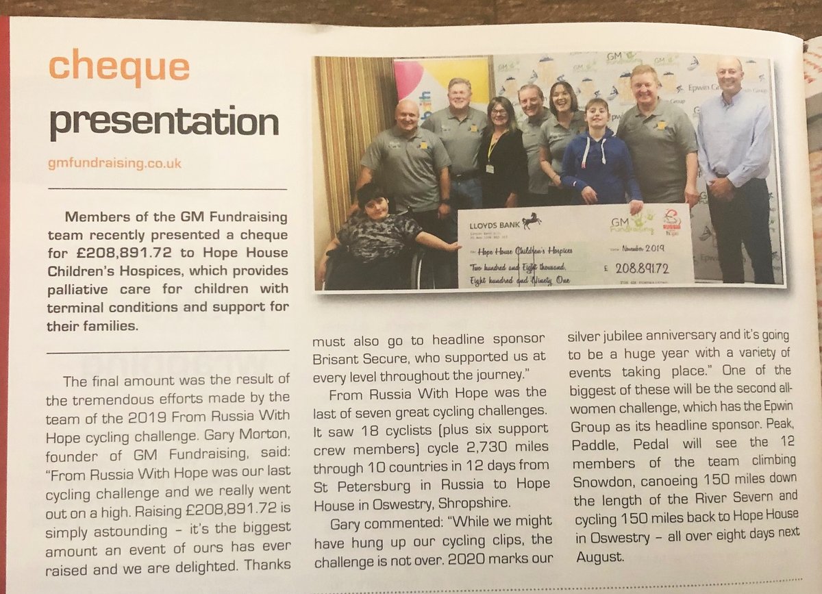 gmfundraising's tweet photo. We’ve had some great coverage on our 2019 “From Russia with Hope” cycling challenge whereby @gmfundraising raised a whopping £208,891.72 for @HopeHouseKids - thank you to everyone who donated!
More, HERE: https://t.co/yJIoUhMCGn #forthekids #GMFPPP https://t.co/lueM1FTFj6