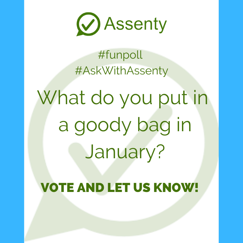 assentyapp's tweet photo. Each month we're going to be sharing a #funpoll in which we hope you'll share your thoughts and in turn we can share with our community of #eventprofs This month we're asking what on earth do you put in a goody bag in January! #askwithassenty VOTE HERE https://t.co/6mtccXnhKv https://t.co/ZQNX50iru1