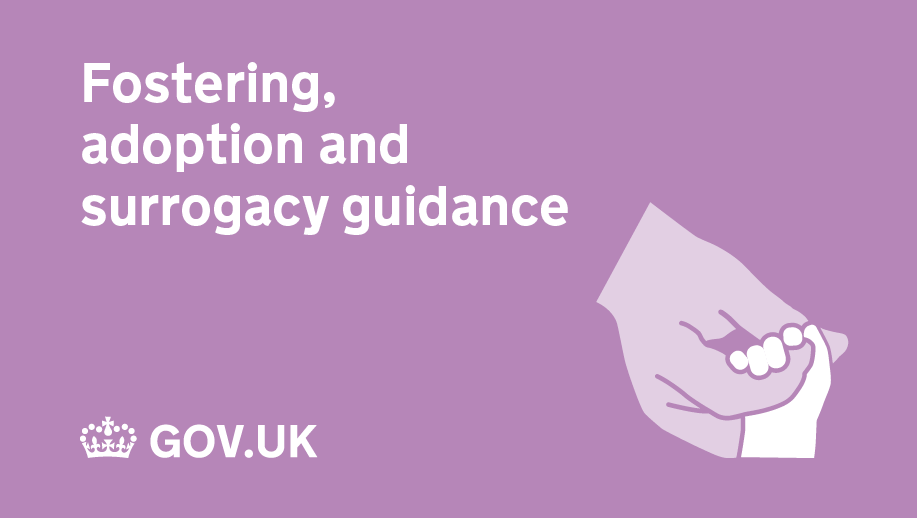 Large hand holding a small child's hand. Text reads, 'Fostering, adoption and surrogacy guidance'. 