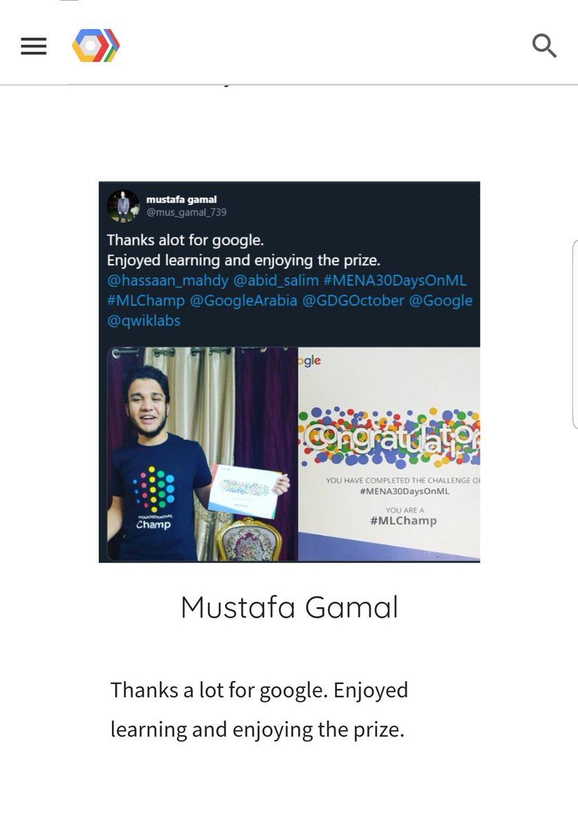 mus_gamal_739's tweet photo. It is a great honor to be with the winners of #MENA30DaysOnML #MLChamp #ML_Champ @gdg @GCDCEgypt @GoogleArabia
https://t.co/S6Bm3FV9e0 https://t.co/5gAlFOf0xz