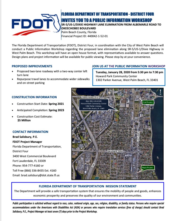 Mark your calendars! <a href="/MyFDOT_SEFL/">FDOT District 4</a> will be having a public info workshop Jan. 28th-5:30pm at Howard Park about road work on S. Dixie Hwy. in @westpalmbch Work is set to start Spring 2021.  #ilovewpb #WPBCityforPeople