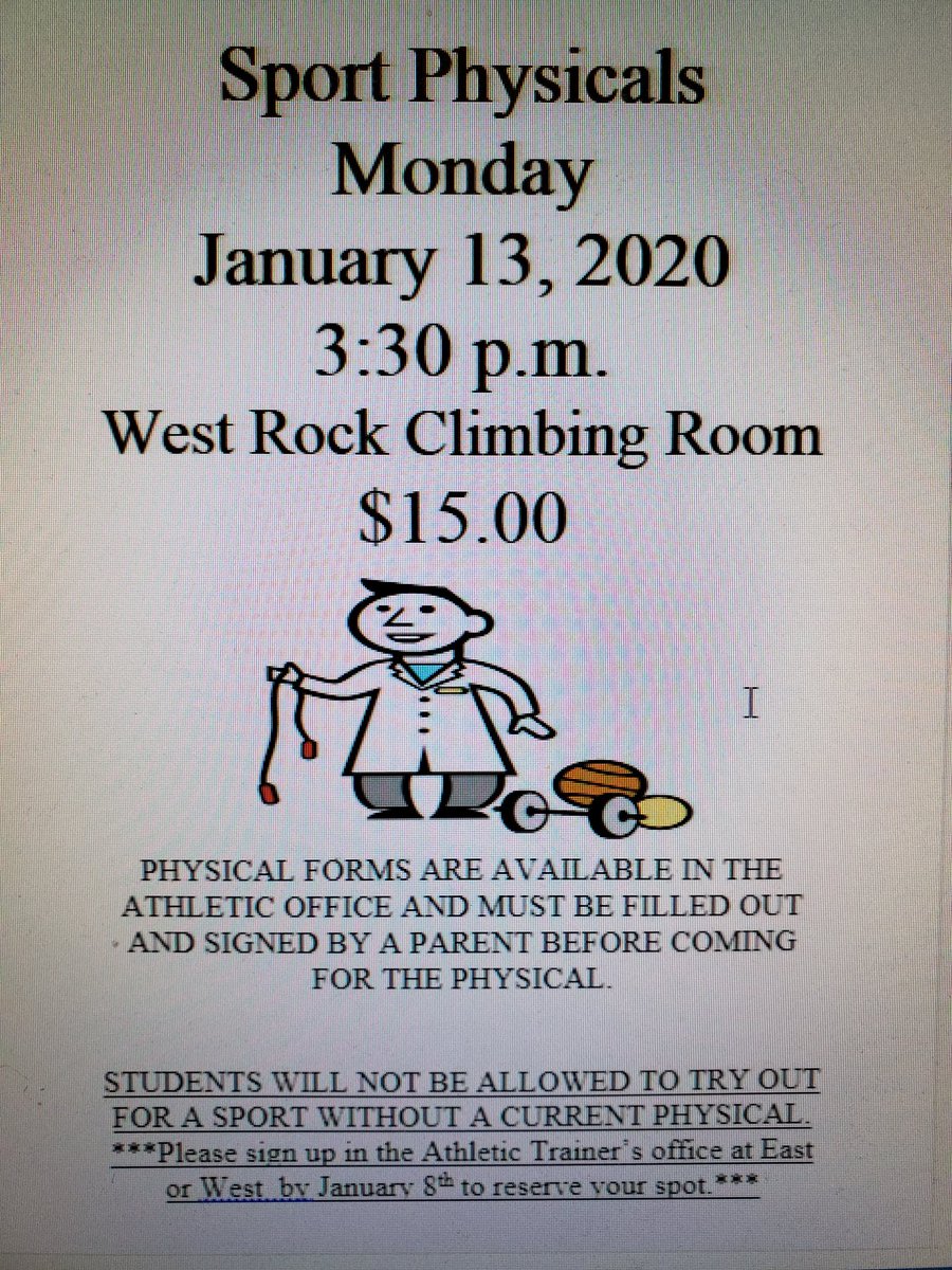 Sports Physicals - Monday, January 13th - 3:30 pm - West Rock Climbing Room.

Please sign up at the Athletic Trainer's office at East or West by January 8th to reserve your spot.
@Mortonathletics #mortonpride
